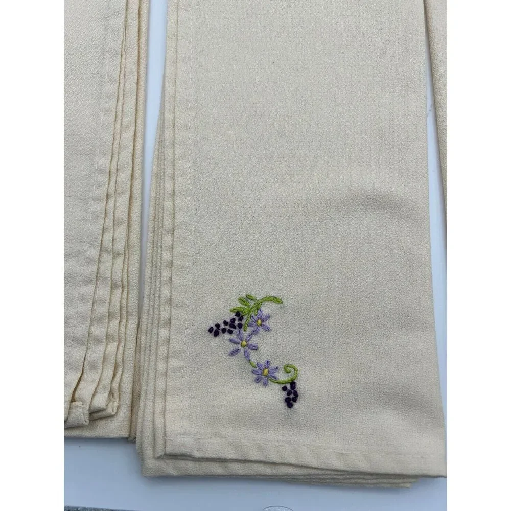 6 Hand‎ Embroidery Table Napkins  Flowers Purple With Green Leaves